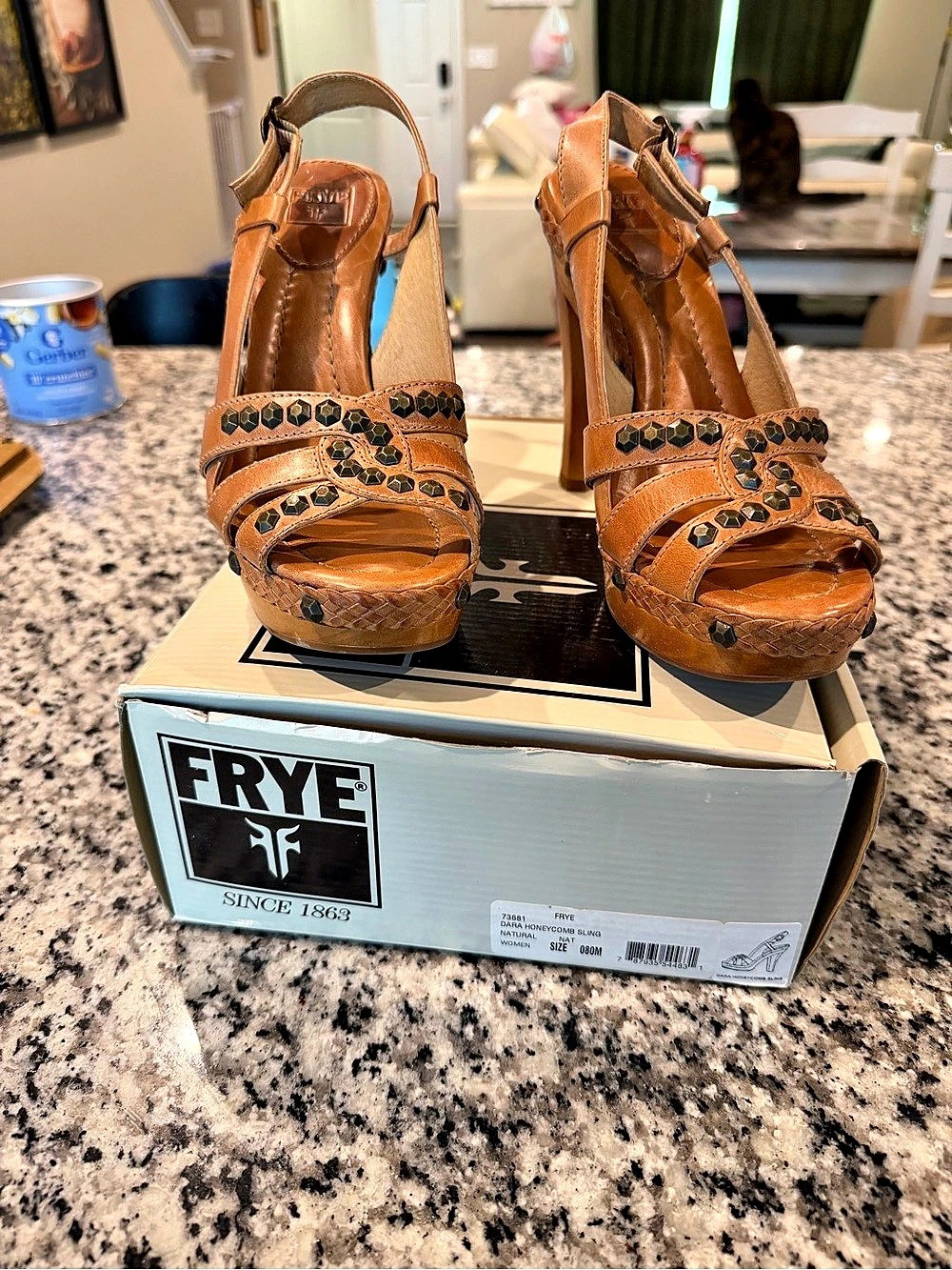 Frye Honeycomb Sling Studded Platform Heels Brown US 8
